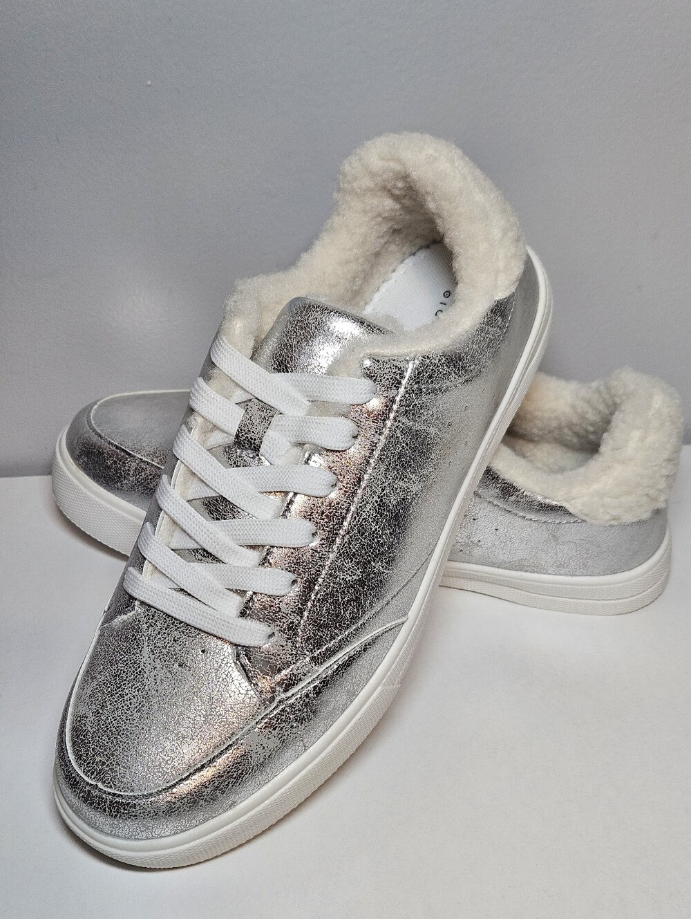 Studio 1886 "Distressed" Faux Fur Lined Sneakers, Silver, Sz 8